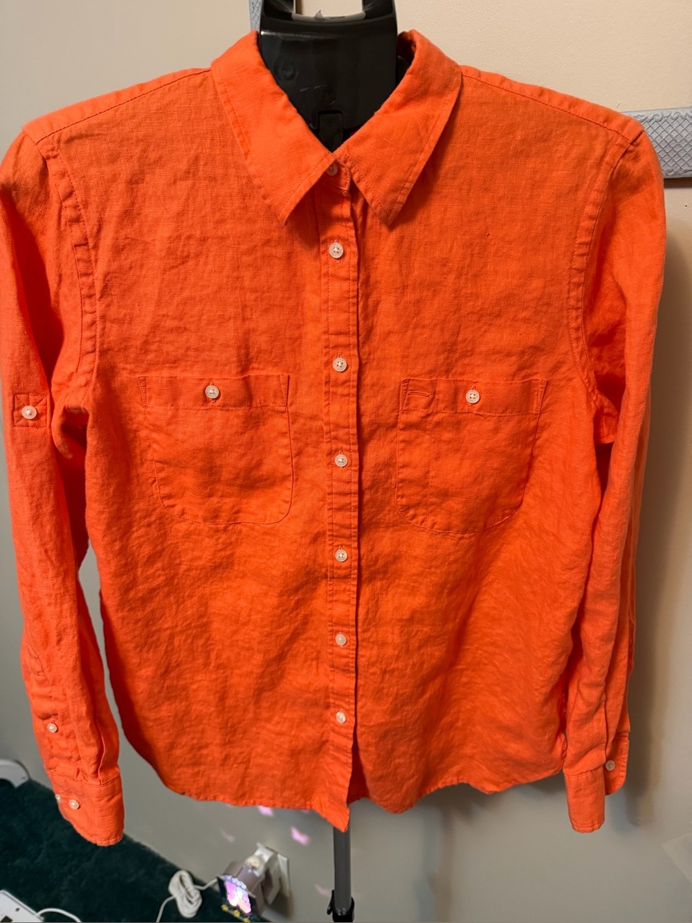 Lauren Ralph Lauren Orange 100% Linen Button-Down Shirt Flap Pockets - Size L